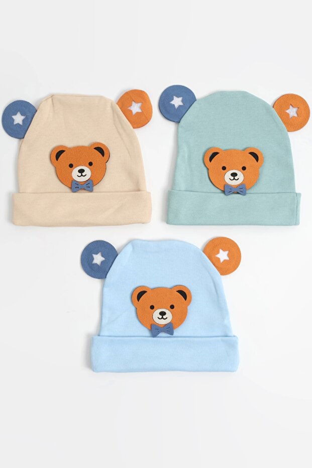 Baby Boy Eared Bear Themed 3-Piece Cotton Beret