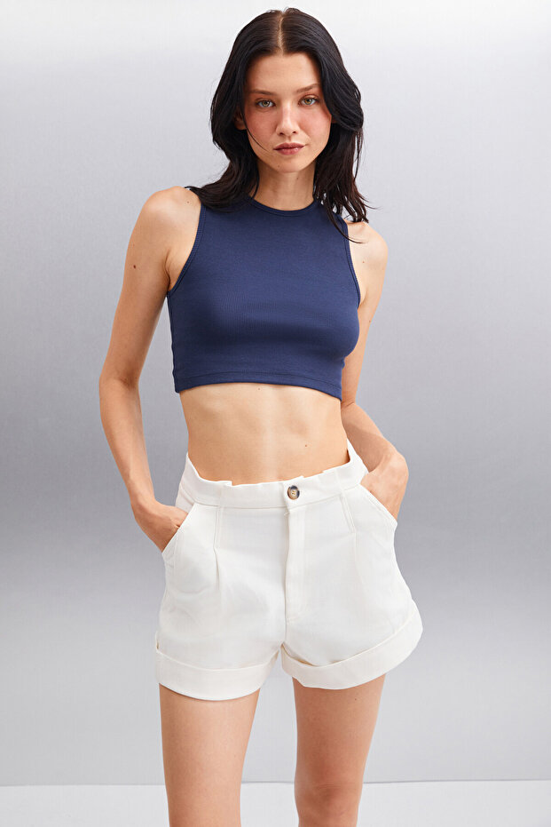 Tızıana Women's Organic Cotton Corded Stretchy Fabric Crop Navy Blue Blouse