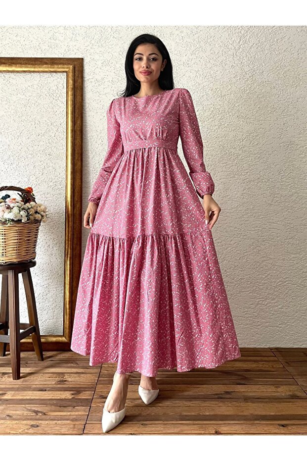Hijab Pink Crispy Poplin Layered Dress