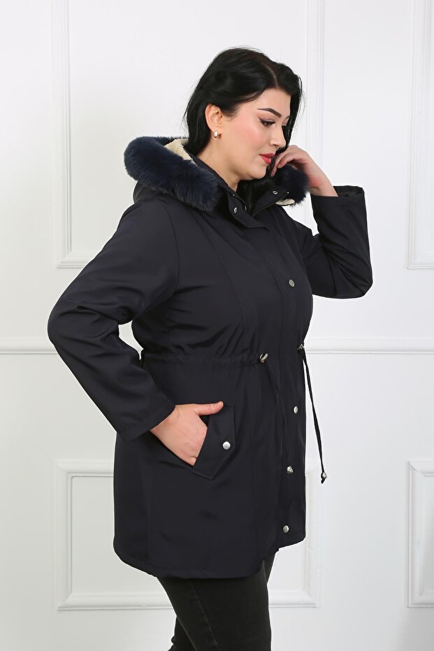 Women's Navy Blue Water Repellent Bondit Fabric Detachable Hooded Plus Size Coat