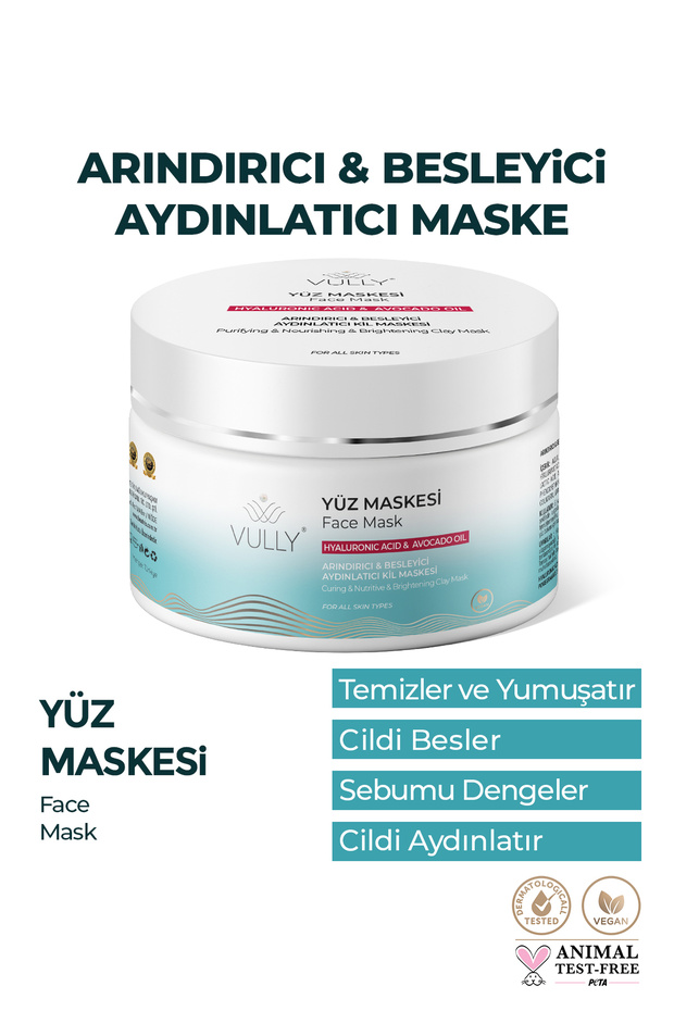 Purifying Nourishing Brightening Clay Mask for Face 150 Ml (Hyaluronic Acid - Avacado Oil)