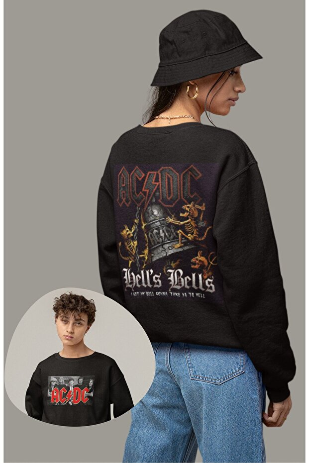 سويت شيرت بغطاء للرأس مطبوع عليه عبارة AC-DC Hells Bells Back للجنسين، سويت شيرت مطبوع عليه عبارة Rock Band مقاس كبير