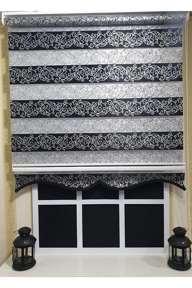 Zebra Stor Perde Siyah Sarmaşık Desen Gümüş Simli Etek Dilimli STB9300 V 03 - 5