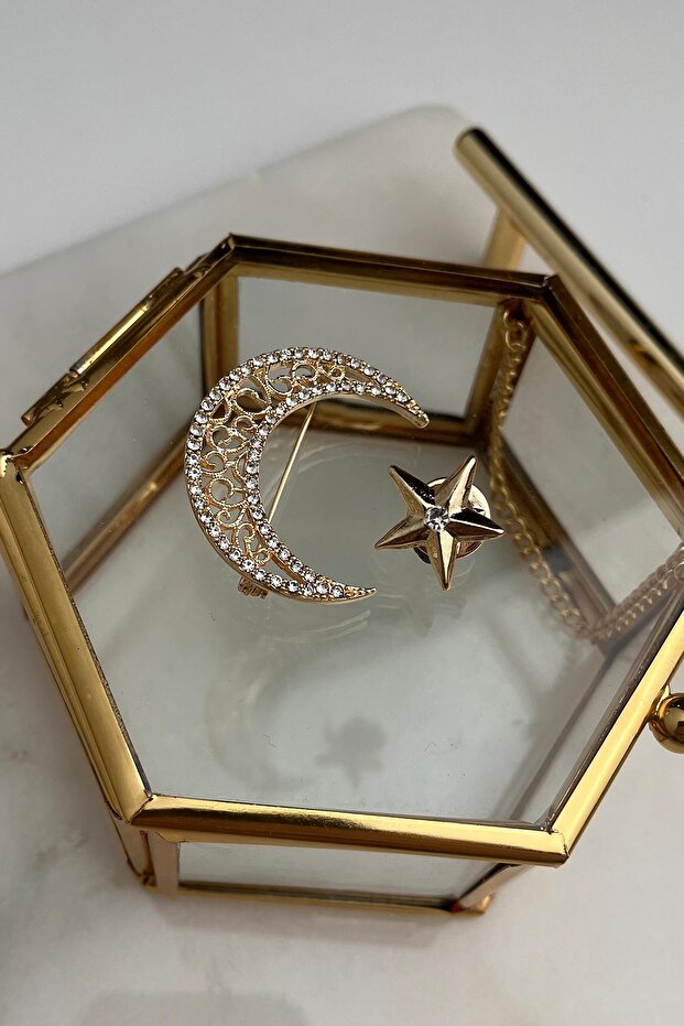 Altın Sarısı Taşlı Ay Yıldız Broş (4 CM) - 1