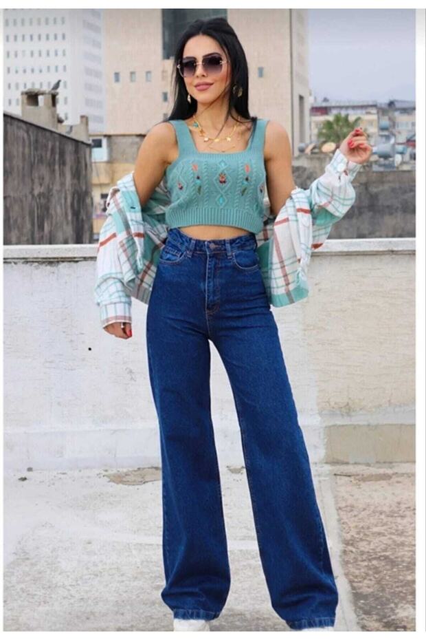Women's Dark Blue High Waist Wide Leg Denim Jeans