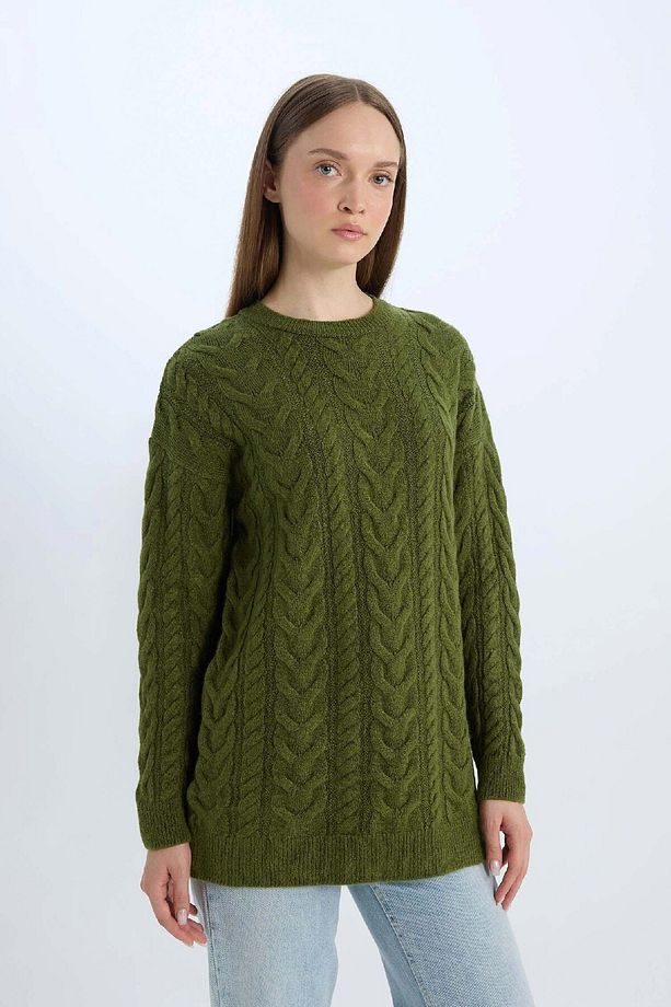 Regular Fit Bisiklet Yaka Saç Örgü Desenli Triko Kazak Tunik B4284AX24WN - 4