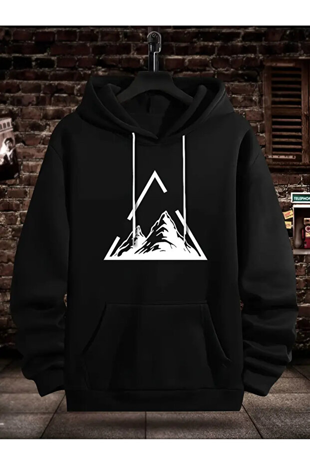 Unisex Printed Black Oversize Hooded Sweatshirt Hoodie