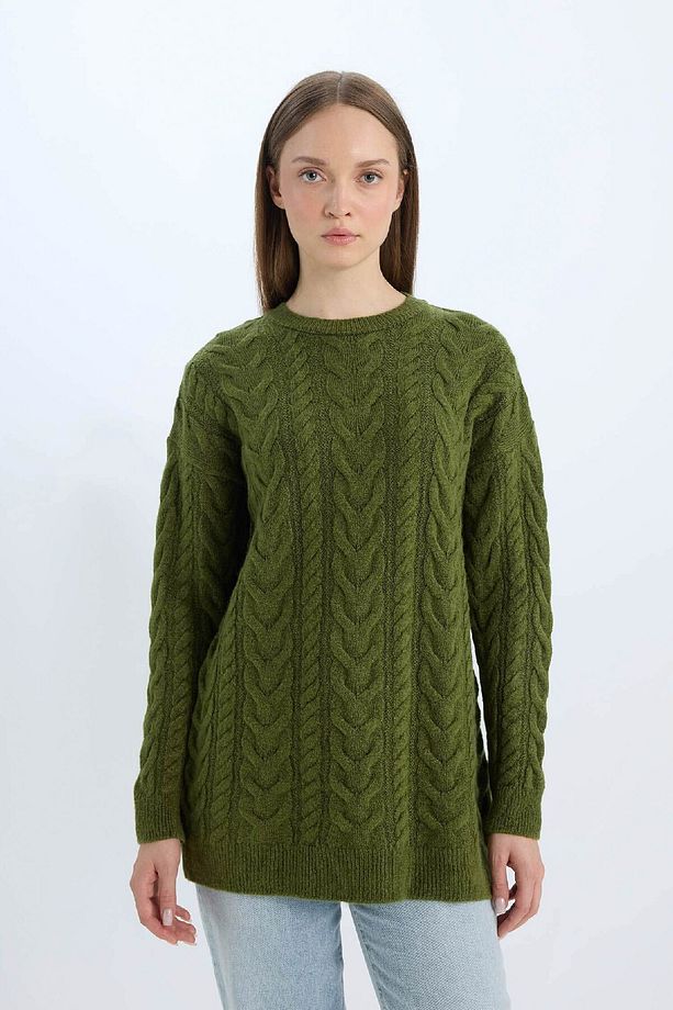 Regular Fit Bisiklet Yaka Saç Örgü Desenli Triko Kazak Tunik B4284AX24WN - 1