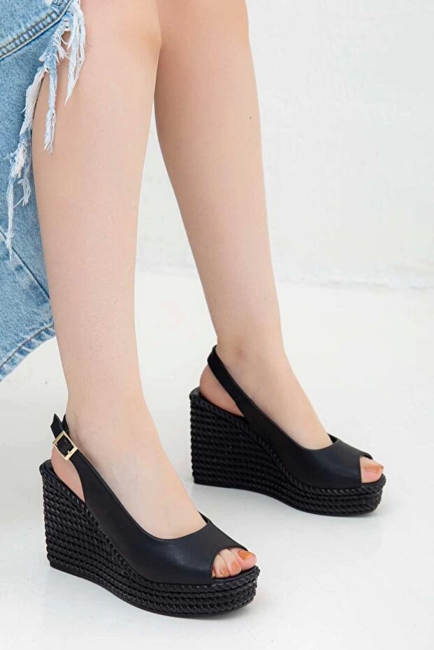 Women's Black Wedge Heeled Classic Style Sandals