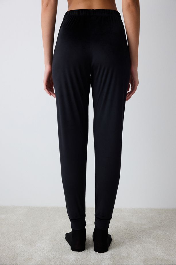 Black Fuzzy Solid Siyah Pantolon Pijama Altı - 4