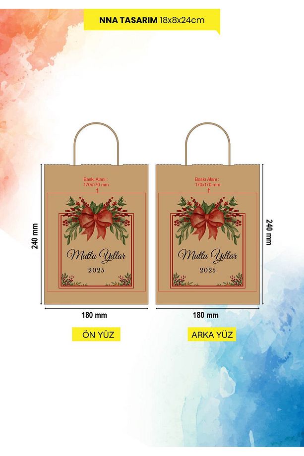 5 Adet "MUTLU YILLAR 2025" Çift Yön Baskılı Hediyelik kraft Kağıt Çanta/poşet 18x8x24 Cm(KC144-5) - 2