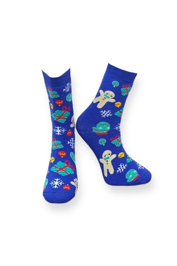 Tekli Lacivert Renkli Unisex Esnek Nem Alabilen Pamuklu Christmas Gingerbread Desenli Havlu Çorap - 1