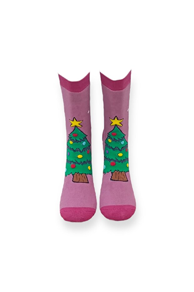 Tekli Pembe Renkli Unisex Esnek Nem Alabilen Pamuklu Christmas Desenli Havlu Çorap - 3