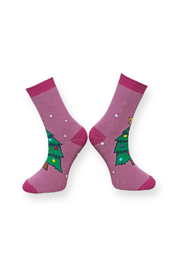 Tekli Pembe Renkli Unisex Esnek Nem Alabilen Pamuklu Christmas Desenli Havlu Çorap - 2