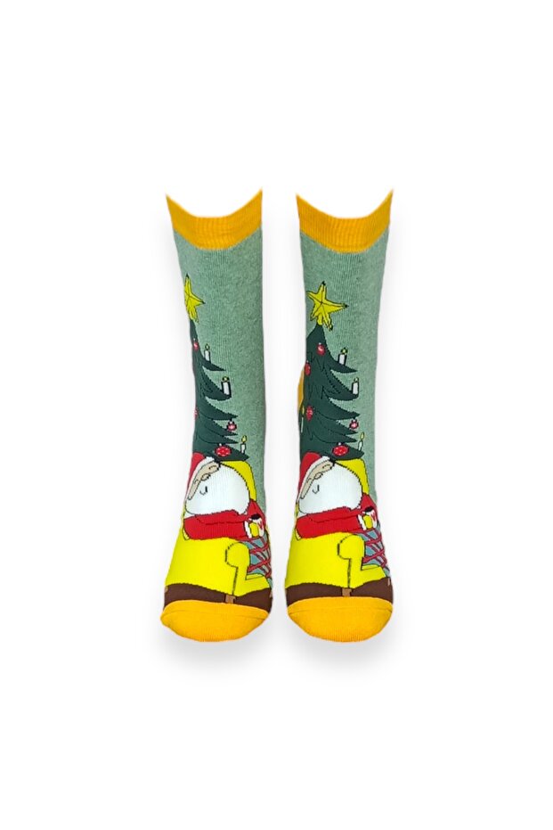 Tekli Sarı Renkli Unisex Esnek Nem Alabilen Pamuklu Christmas Desenli Havlu Çorap - 3