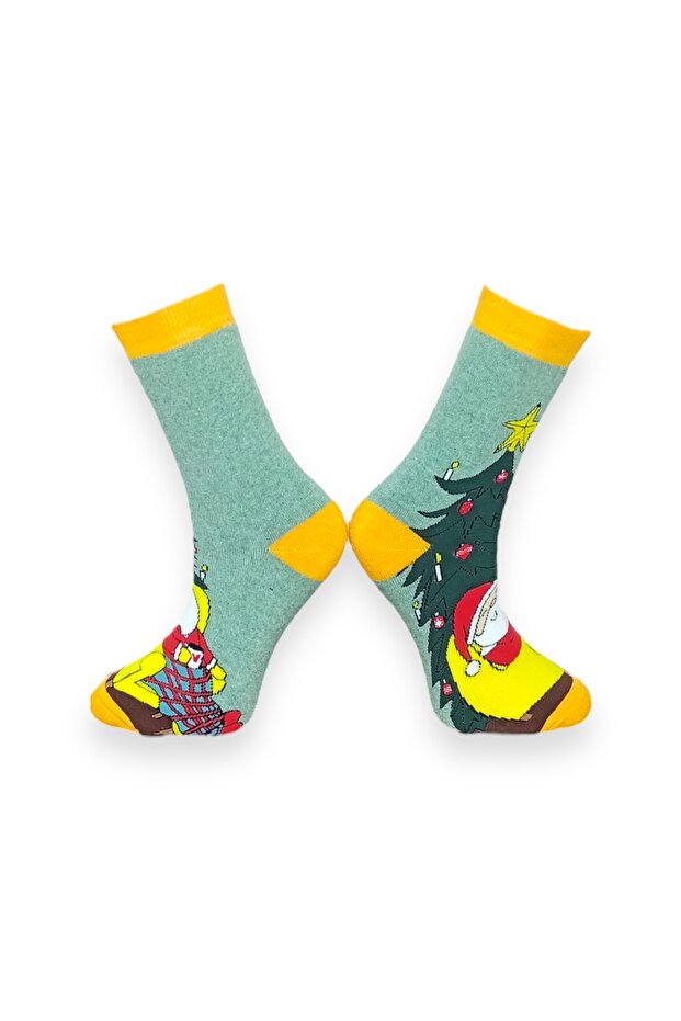 Tekli Sarı Renkli Unisex Esnek Nem Alabilen Pamuklu Christmas Desenli Havlu Çorap - 2