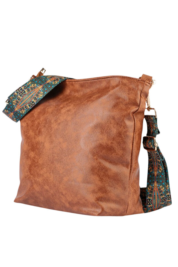 Patterned Long Strap Tan Shoulder Bag - 1