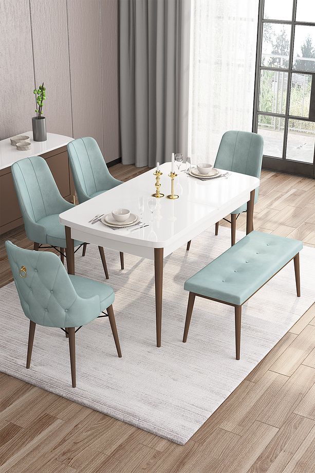 Are Serisi Mdf 80x132 Açılabilir Beyaz Masa Ceviz Ayak Masa Takımı 4 Su Yeşili Sandalye Ve 1 Bench - 1