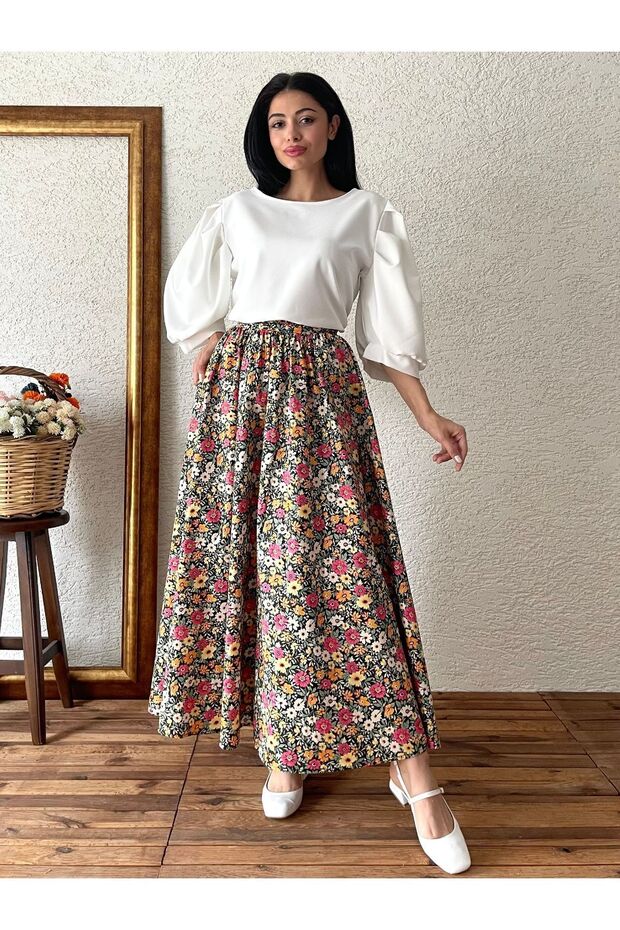 Black-orange floral flared poplin skirt