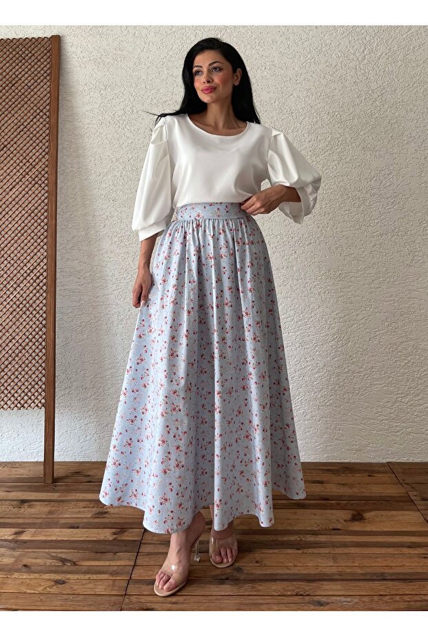 Blue-Burgundy Floral Flared Poplin Skirt