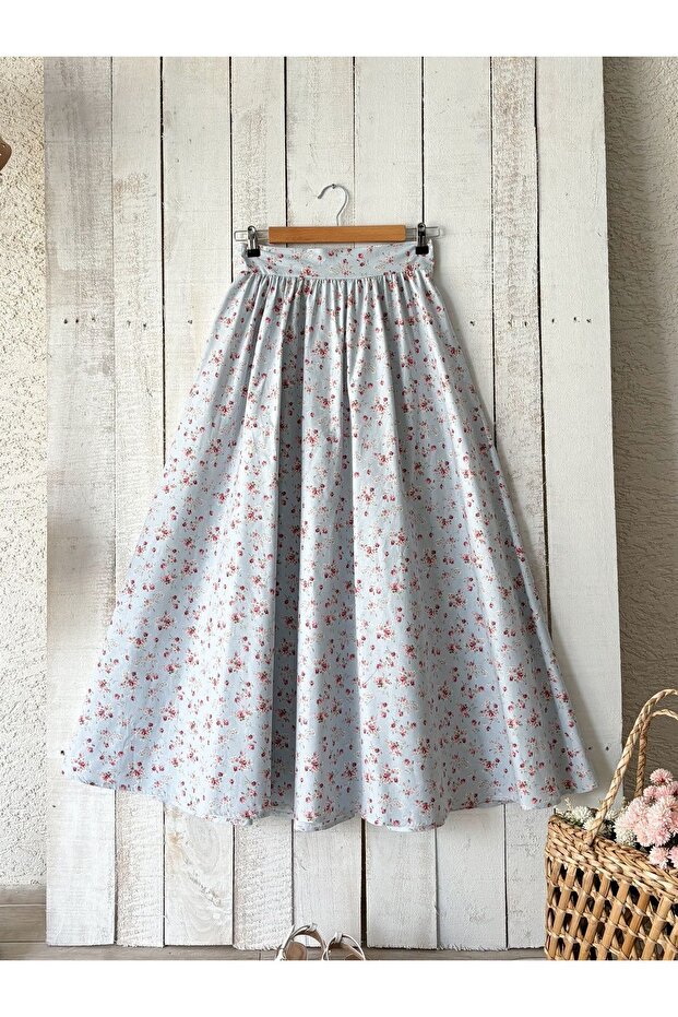 Blue-Burgundy Floral Poplin Flared Skirt