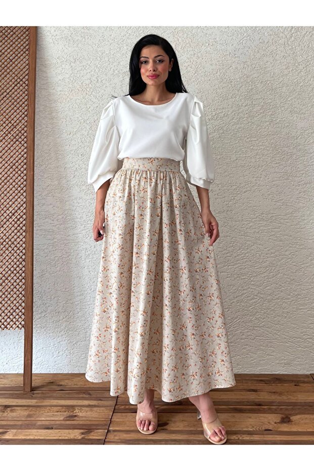 Poplin Flared Skirt - Cream-Brown Floral