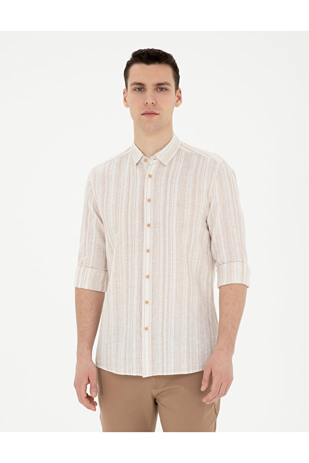 Brown Linen Blended Regular Fit Long Sleeve Shirt 50284591-Vr197
