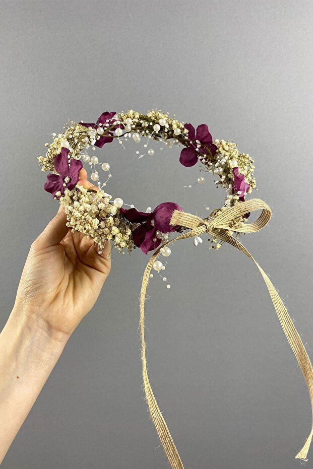 Burgundy Hydrangea and Shocked Cipso Dried Flower Bridal Crown with Pearls