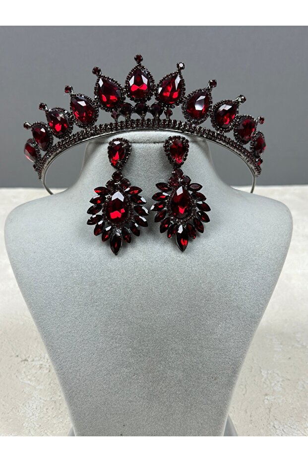 Neri Model Wedding Henna Costume Crown and Drop Earrings Set Burgundy