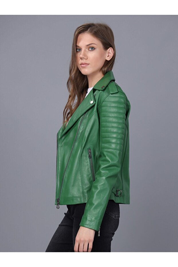 Kadın Yeşil Deri Ceket - 3