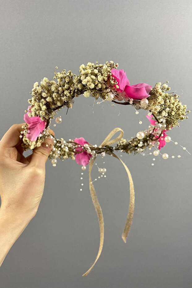 Pink Hydrangea and Shocked Cipso Dry Flower Bridal Crown with Pearls