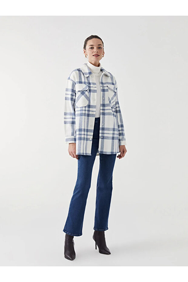 LCW Modest Mavi Ekose Oversize Kadın Gömlek Tunik - 1