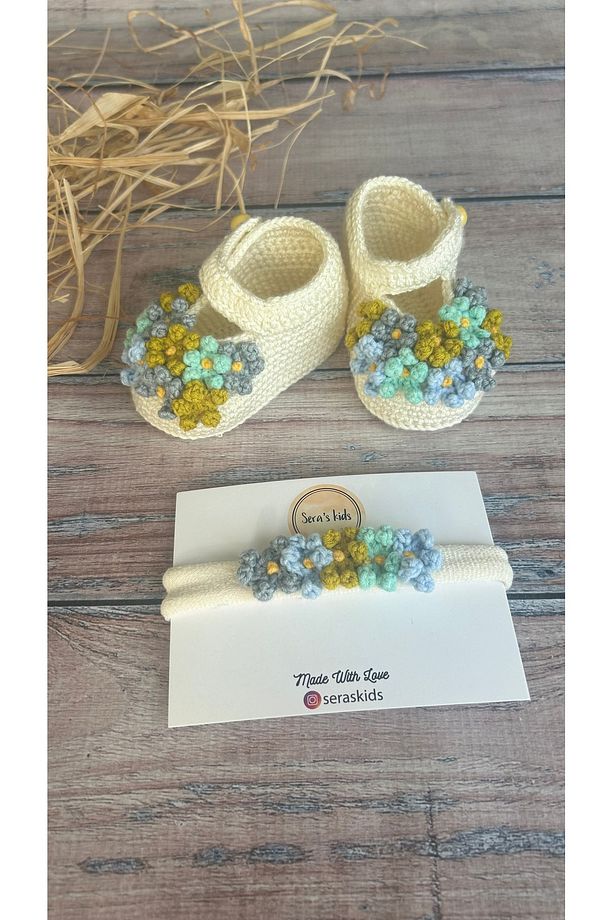 El Örgüsü Krem Rengi Çiçek Demeti Kız Bebek Ayakkabı Patik Ve Bandana Set - 5