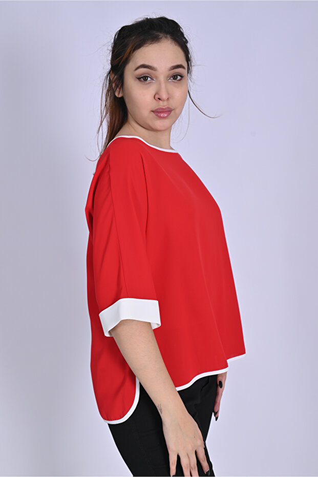 Plain Stylish Large Size Women's Blouse with Piping