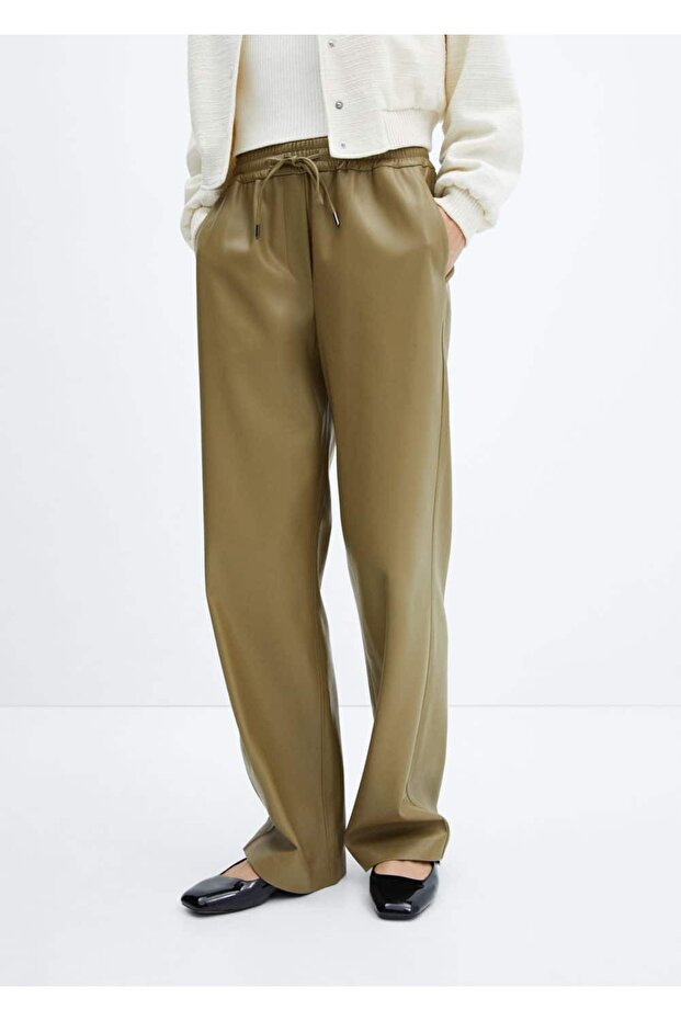 Deri görünümlü beli elastik pantolon - 1