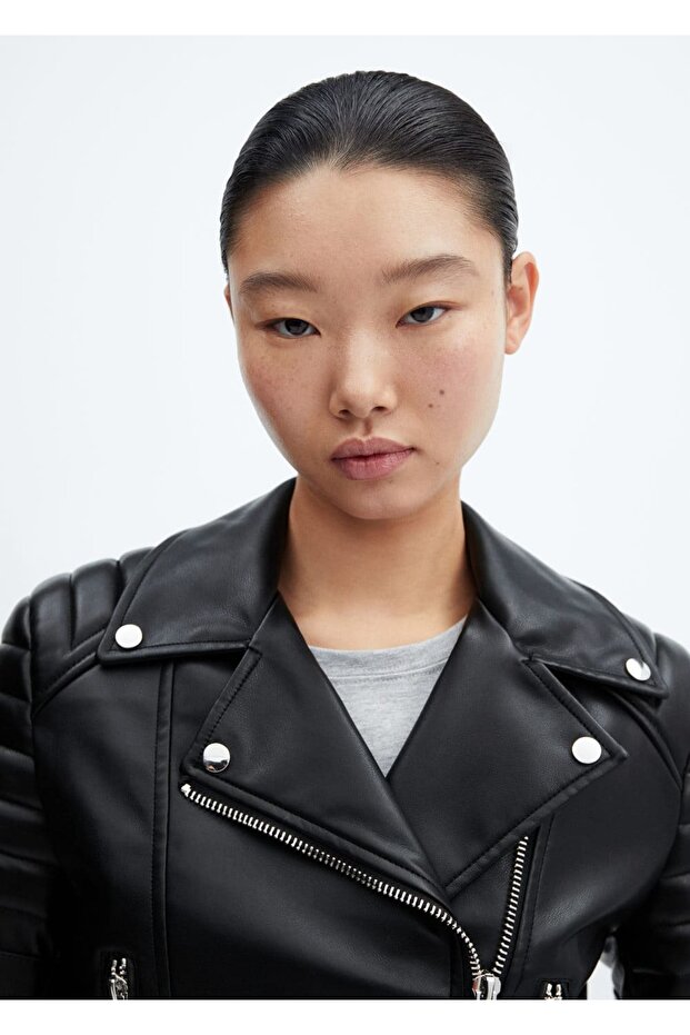 Deri Görünümlü Biker Ceket - 7