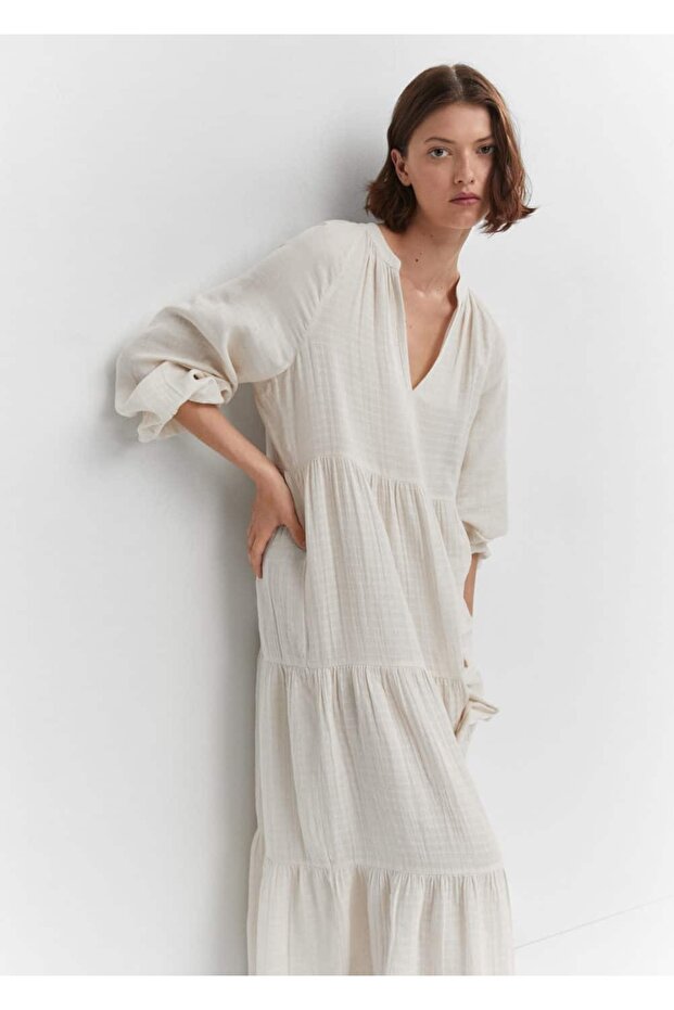 V Yakalı Pamuklu Maksi Elbise - 6