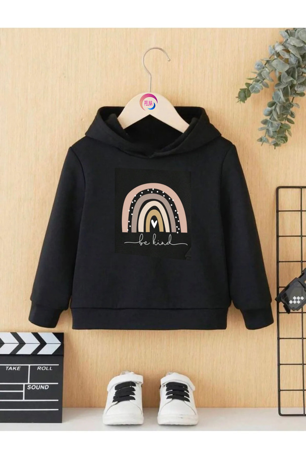 Cotton Special Design Rainbow Printed Black Hooded Children's Sweatshirt