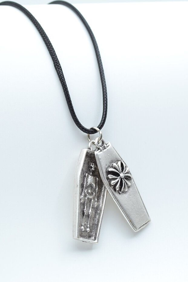 Casket - Skeleton Silver Plated Leather Rope Necklace