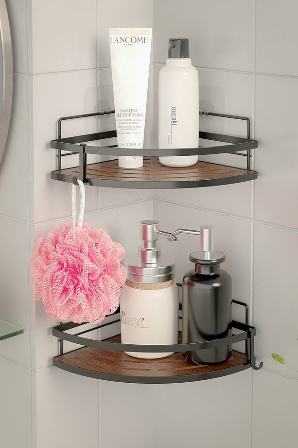 Şampuanlık Banyo Düzenleyici Şampuanlık Yapışkanlı Kancalı 2 Adet Banyo Köşe Rafı Mat Siyah St273h - 1
