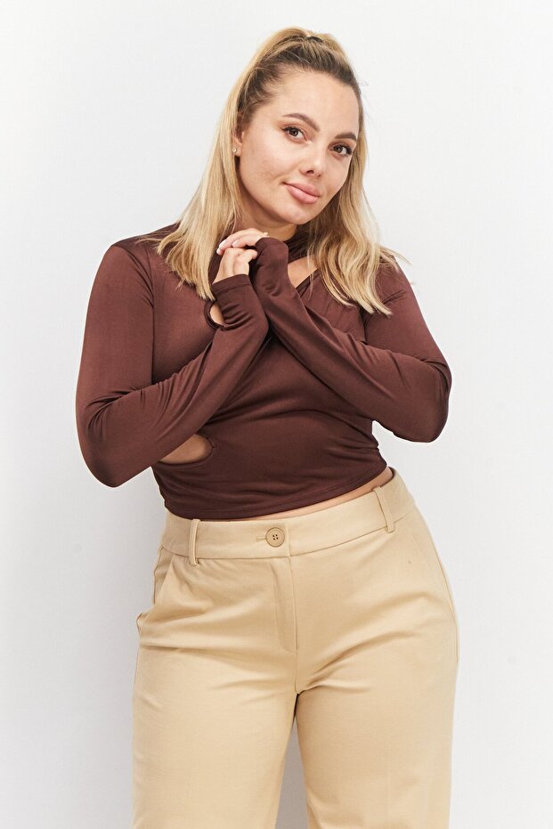Women Crew Neck Long Sleeves Cut Out Top, Chocolate Brown