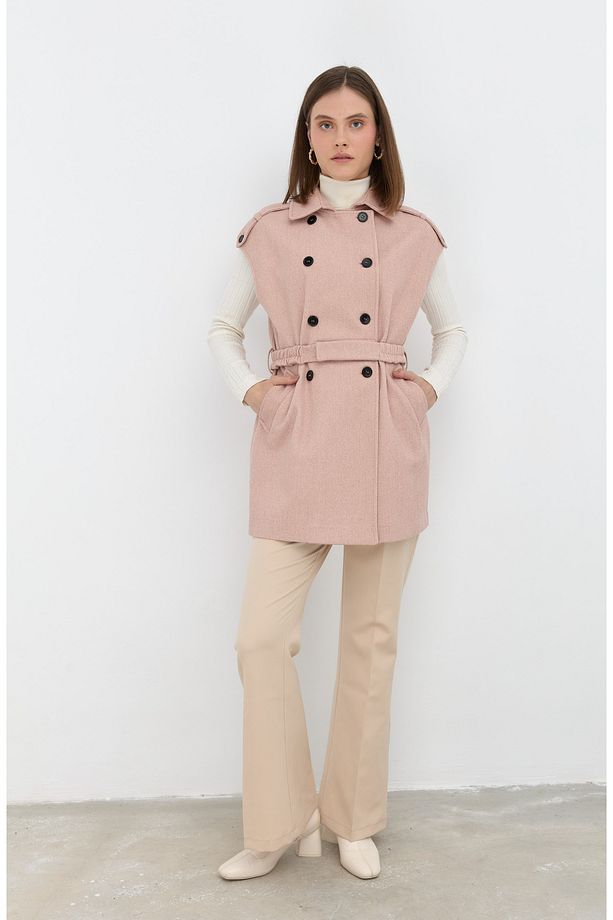 Kemerli Kaşe Oversize Pudra Midi Yelek - 4