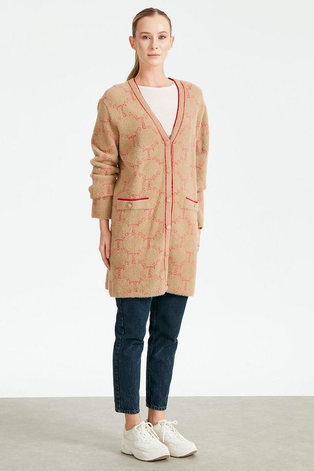 LOGO DESENLİ MİNK HIRKA CAMEL - 1
