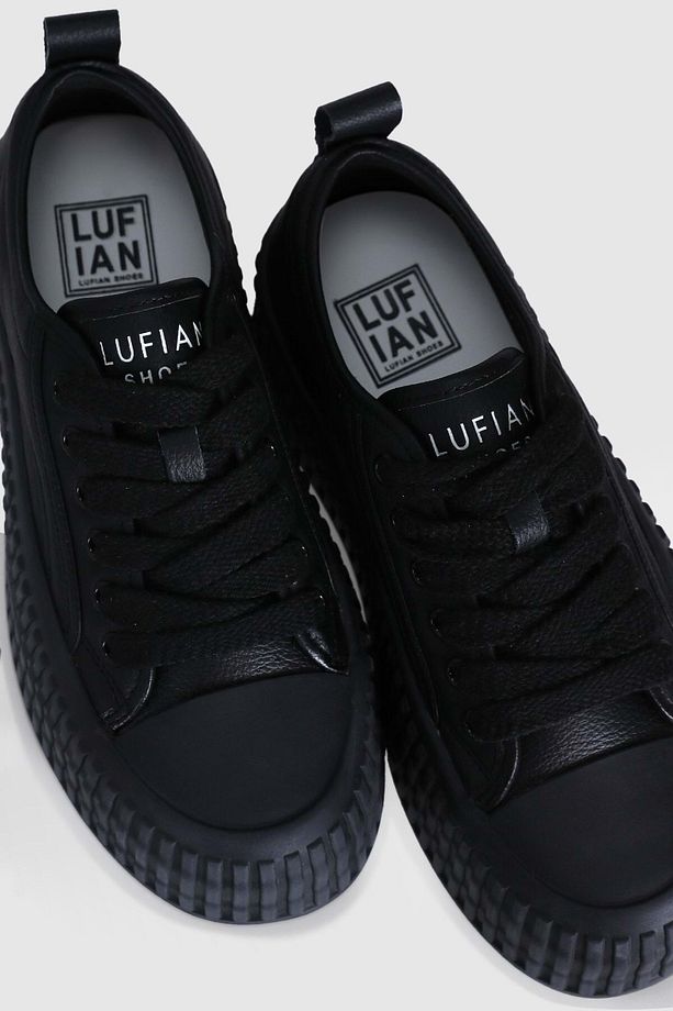 Hakiki Deri Bağcıklı Yüksek Taban  Unisex Sneaker Ayakkabı Siyah - 1