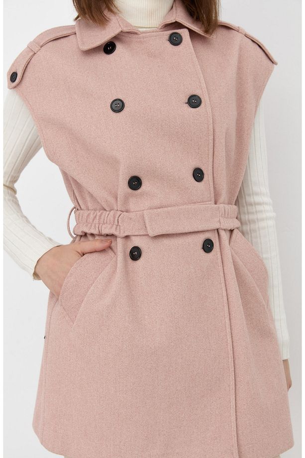 Kemerli Kaşe Oversize Pudra Midi Yelek - 6