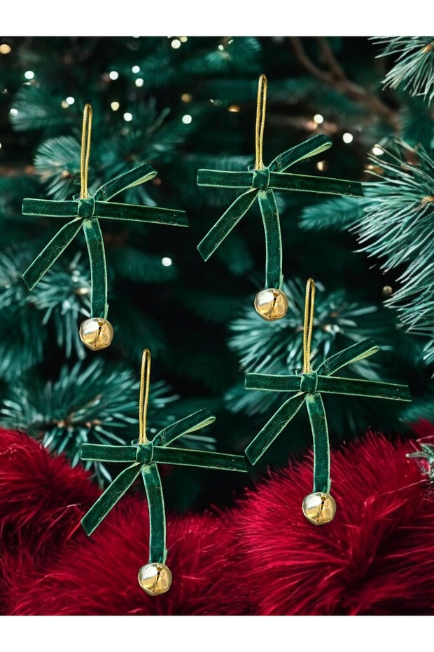 New Year's Christmas Bow with Bells 5 Pieces Velvet Tree Ornament Green Color