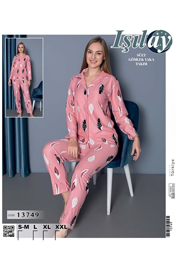 Süet Düğmeli Uzun Kol Pijama Takımı - 1