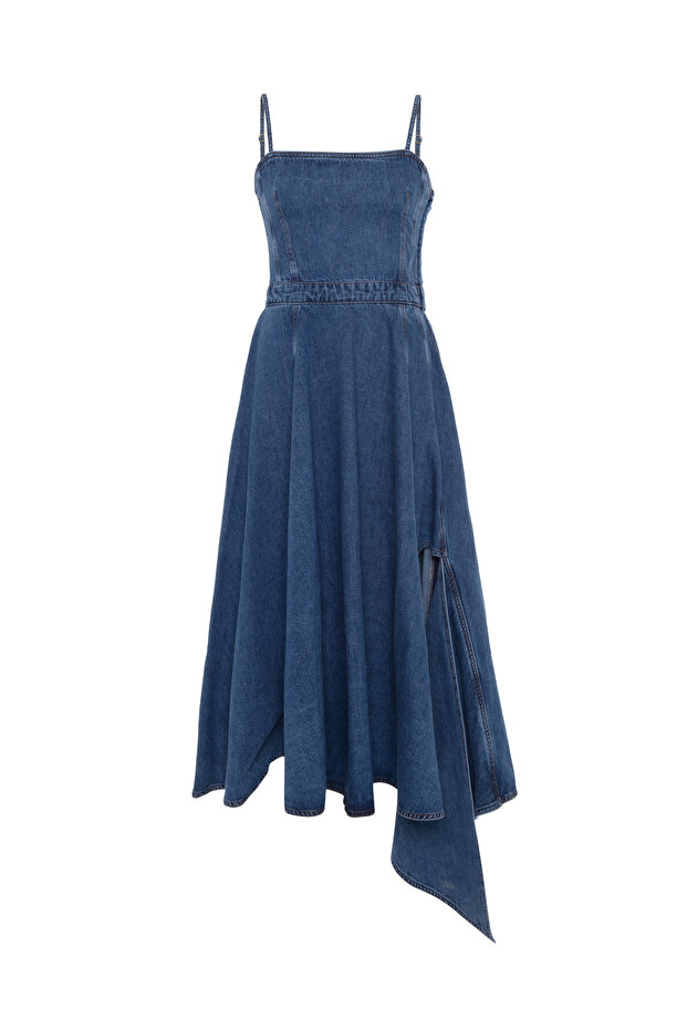 Volanlı Denim Elbise - 9