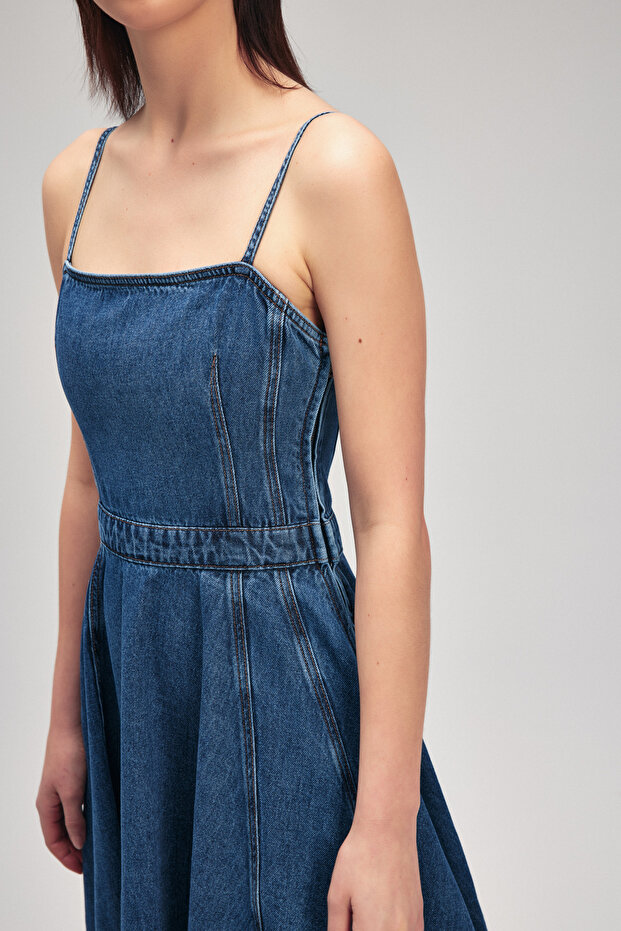 Volanlı Denim Elbise - 3