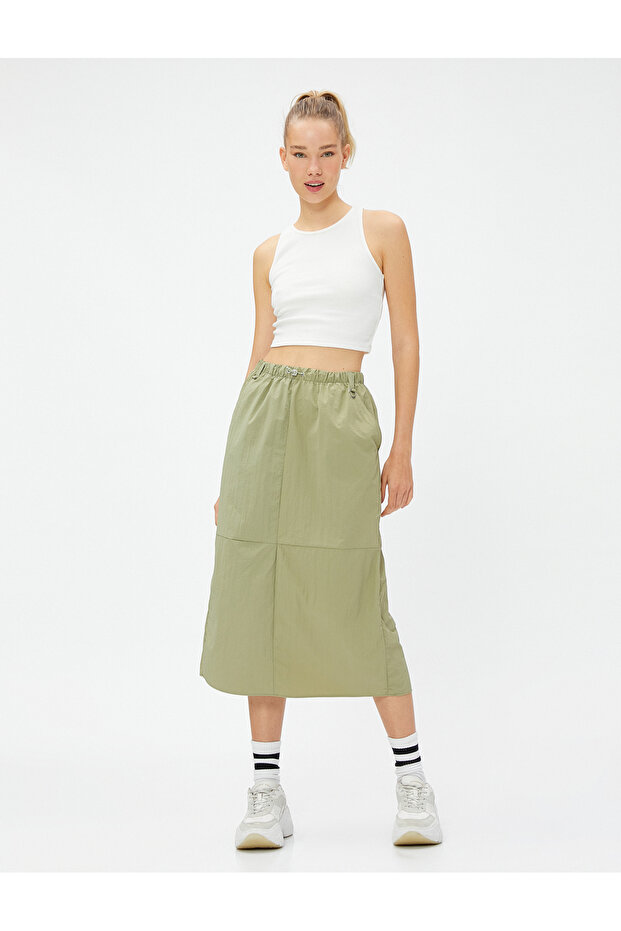 Parachute Skirt Midi with Pocket Detail, Elastic Waist, Stopper